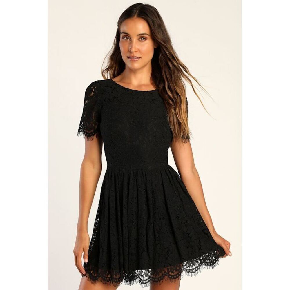 Lulus Devotion Black Lace Short Sleeve Mini Skater Dress - Size XL